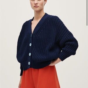 Babaa Navy Blue Chunky Knit Cardigan with Light Blue Buttons